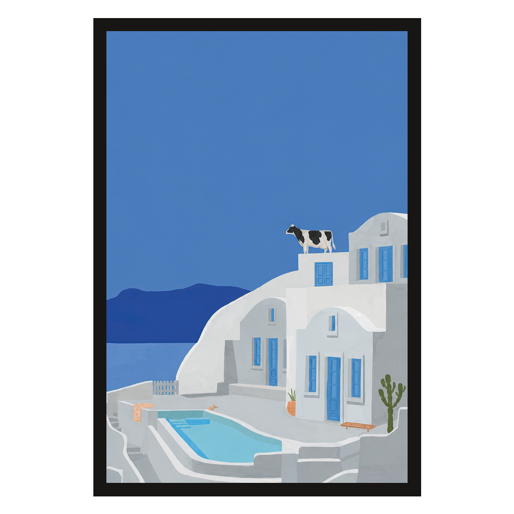 White buildings, blue shutters, one pool nobody's in. Painterly illustration print by Drunk Dame.
