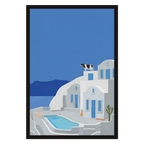 White buildings, blue shutters, one pool nobody's in. Painterly illustration print by Drunk Dame.