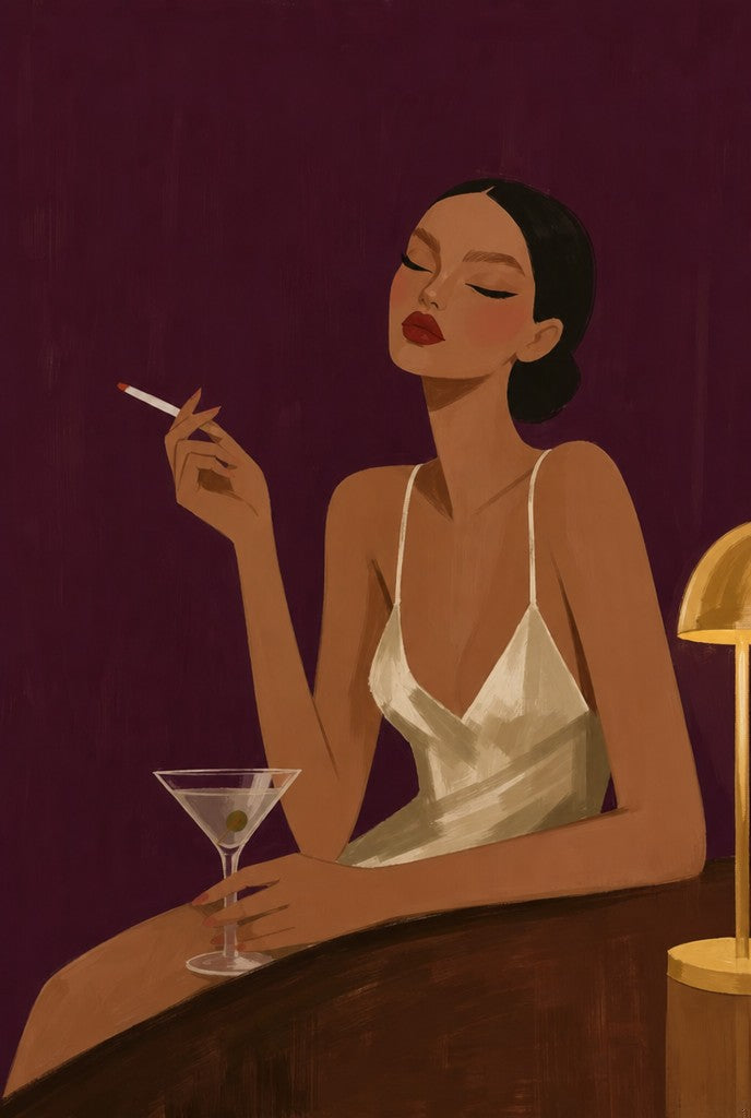 Stylized femme in an olive floral kimono, white earrings, red lip, ochre wall. Portrait art print by Drunk Dame.