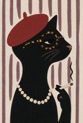 Black cat in a red beret and pearls, cigarette in paw, plum stripe behind. Animal art print by Drunk Dame.