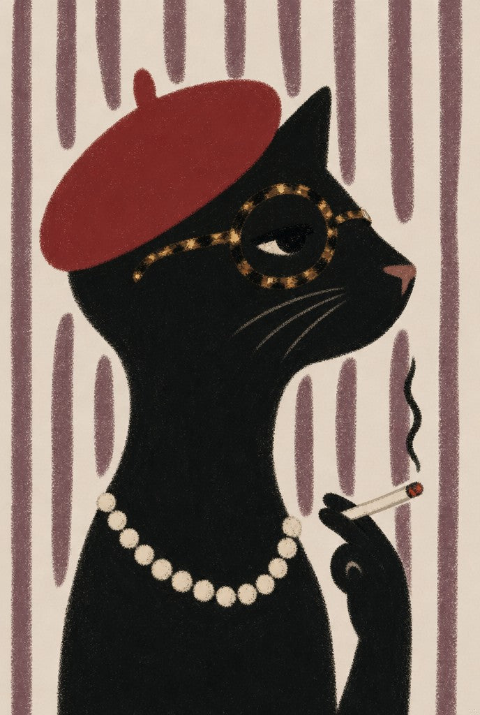 Black cat in a red beret and pearls, cigarette in paw, plum stripe behind. Animal art print by Drunk Dame.