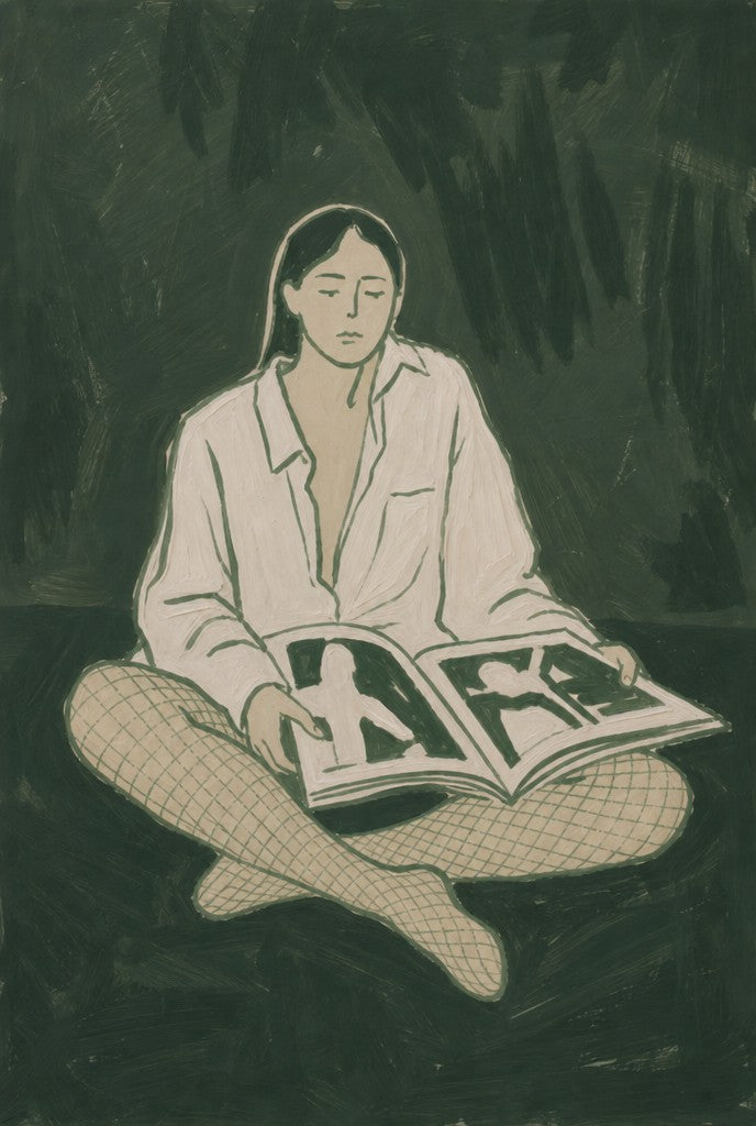 Cross-legged in fishnets, reading a magazine, midnight green behind. Femme art print by Drunk Dame.