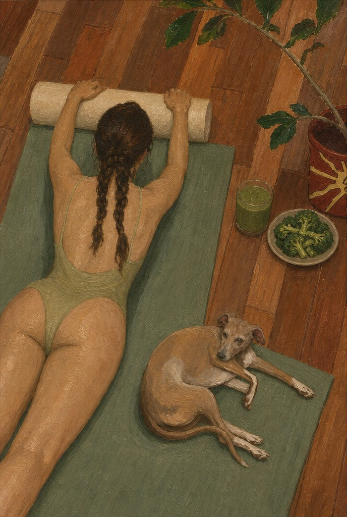 Pilates princess in matcha and sage. Painterly figure art print by Drunk Dame.