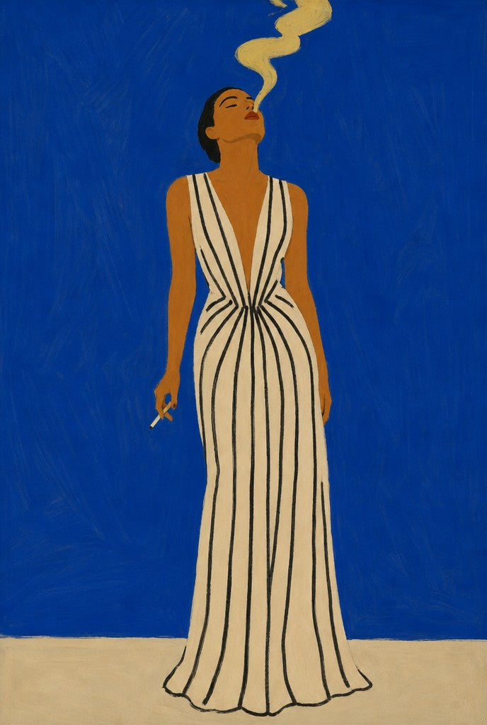Femme cross-legged in green-stripe wide pants and an ikat shirt. Femme art print by Drunk Dame.