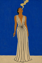 Femme cross-legged in green-stripe wide pants and an ikat shirt. Femme art print by Drunk Dame.