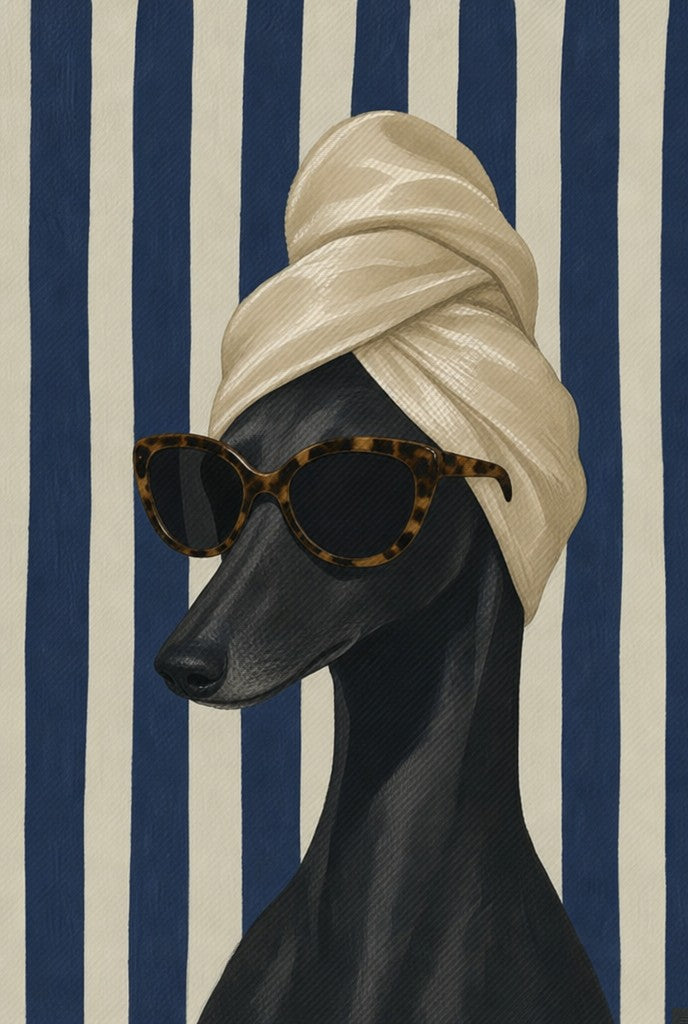 Black greyhound in a champagne hair towel and tortoiseshell sunglasses. Portrait art print by Drunk Dame.
