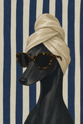 Black greyhound in a champagne hair towel and tortoiseshell sunglasses. Portrait art print by Drunk Dame.