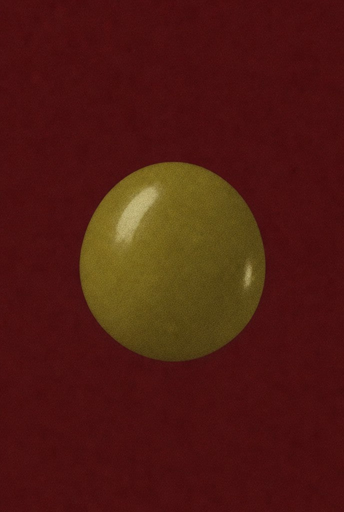 Single olive on oxblood, deep film grain. Femme art print by Drunk Dame.
