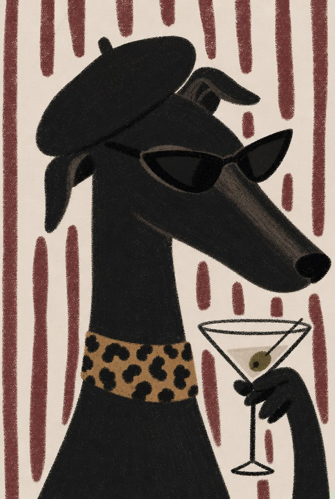 Black greyhound in a beret and sunglasses. Animal art print by Drunk Dame.