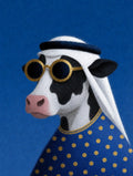 White keffiyeh, round yellow sunglasses, polka-dot blue. Painterly illustration print by Drunk Dame.