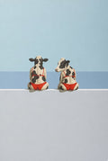 Two blondes in red bikinis on a white wall. Painterly illustration print by Drunk Dame.