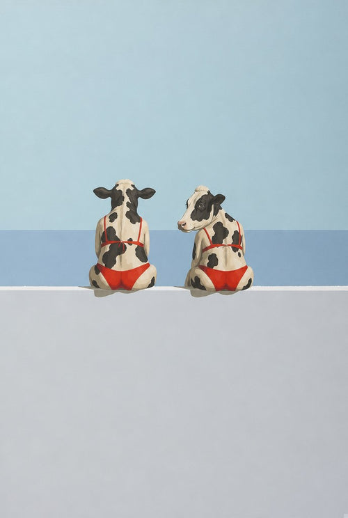 Two blondes in red bikinis on a white wall. Painterly illustration print by Drunk Dame.