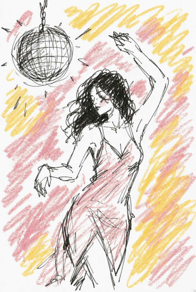 Crayon-rough sketch of a femme under a disco ball. Figurative line art print by Drunk Dame.