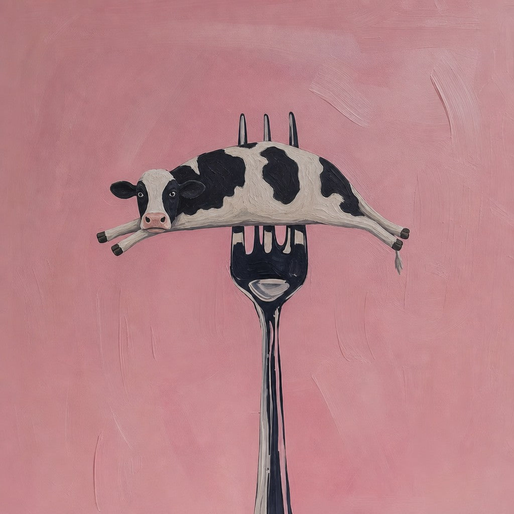 Yellow spaghetti on a silver fork, drips intact. Painterly illustration print by Drunk Dame.