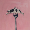 Yellow spaghetti on a silver fork, drips intact. Painterly illustration print by Drunk Dame.