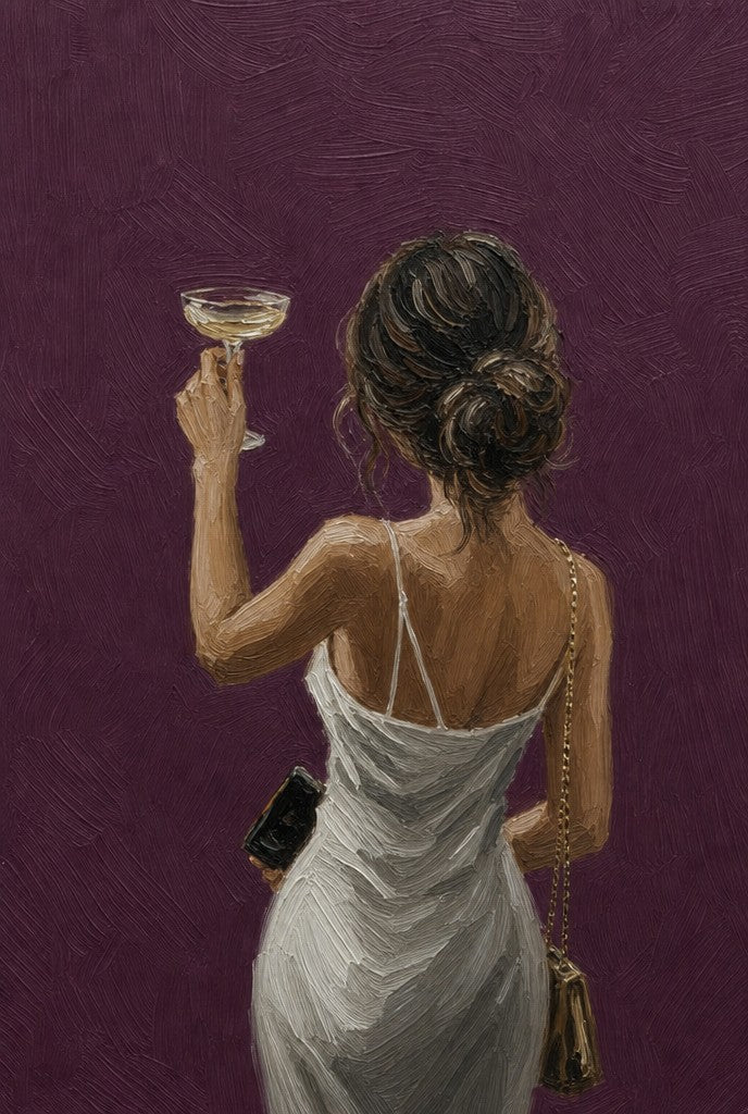 Femme from behind, martini in one hand, clutch in the other, plum wall. Portrait art print by Drunk Dame.