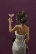 Femme from behind, martini in one hand, clutch in the other, plum wall. Portrait art print by Drunk Dame.