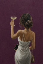 Femme from behind, martini in one hand, clutch in the other, plum wall. Portrait art print by Drunk Dame.
