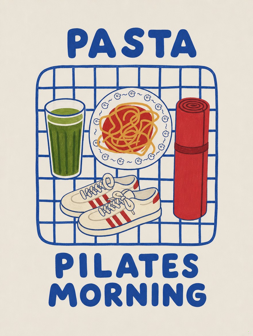 PASTA PILATES MORNING. Femme art print by Drunk Dame.