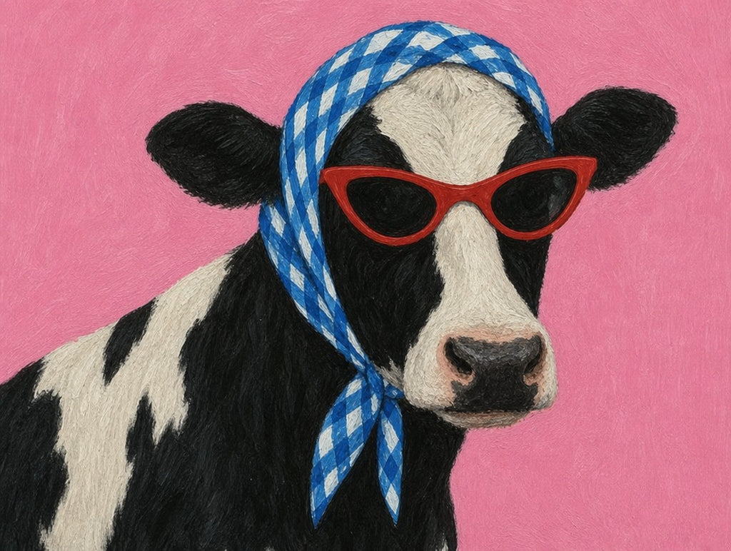 Labradoodle in gingham and cat-eyes. Painterly illustration print by Drunk Dame.