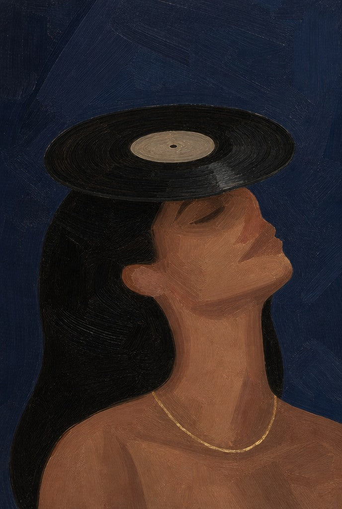 Same posture, vinyl record on her head, midnight blue behind. Femme art print by Drunk Dame.