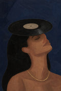Same posture, vinyl record on her head, midnight blue behind. Femme art print by Drunk Dame.