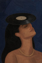 Same posture, vinyl record on her head, midnight blue behind. Femme art print by Drunk Dame.