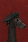 Black greyhound in a black silk beret, oxblood ground. Animal art print by Drunk Dame.