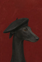 Black greyhound in a black silk beret, oxblood ground. Animal art print by Drunk Dame.