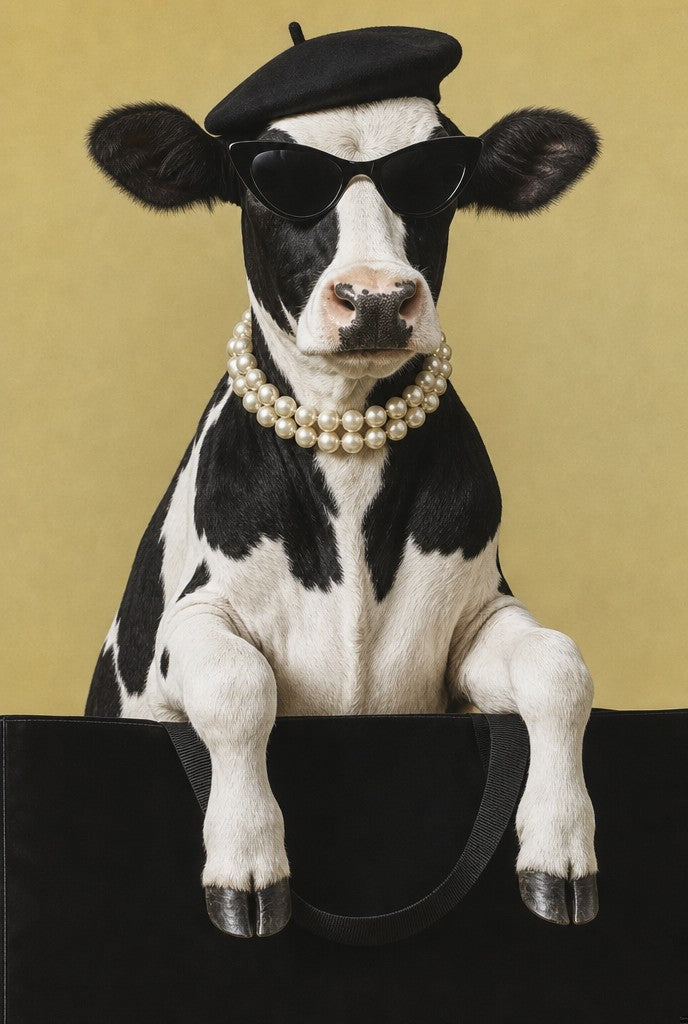 Dalmatian in cat-eyes and pearls on butter yellow. Painterly illustration print by Drunk Dame.