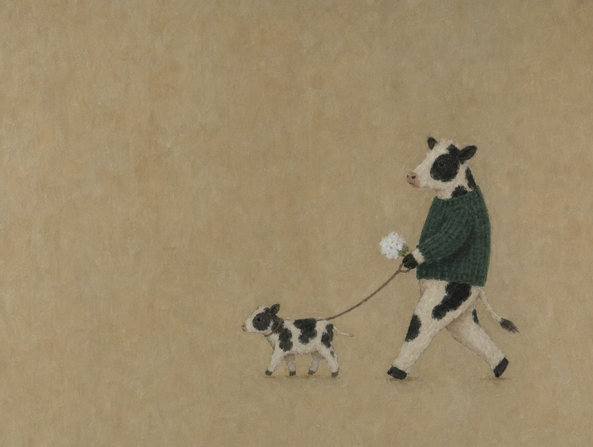 Green sweater, brown dachshund, the whole wide cream field. Painterly illustration print by Drunk Dame.