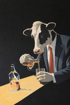 Dark suit, red tie, whiskey tumbler, bottle on the table. Painterly illustration print by Drunk Dame.