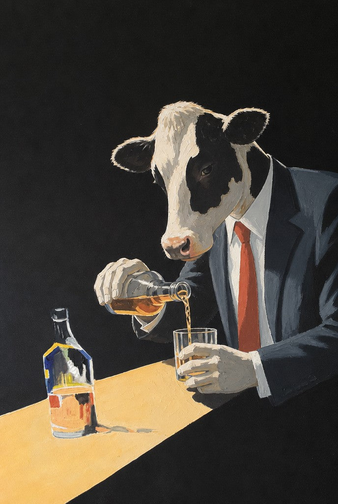 Dark suit, red tie, whiskey tumbler, bottle on the table. Painterly illustration print by Drunk Dame.