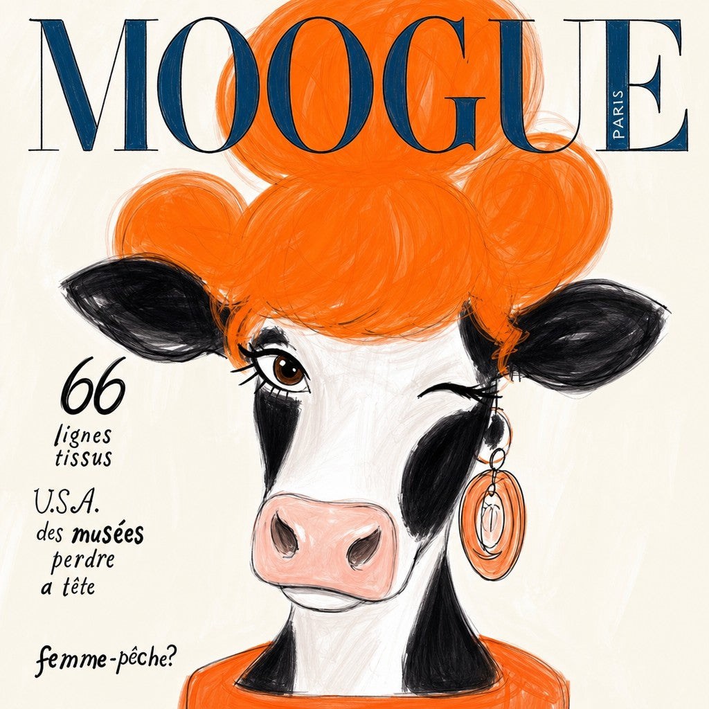 Orange buns, pink bubblegum, VOGUE behind her. Painterly illustration print by Drunk Dame.