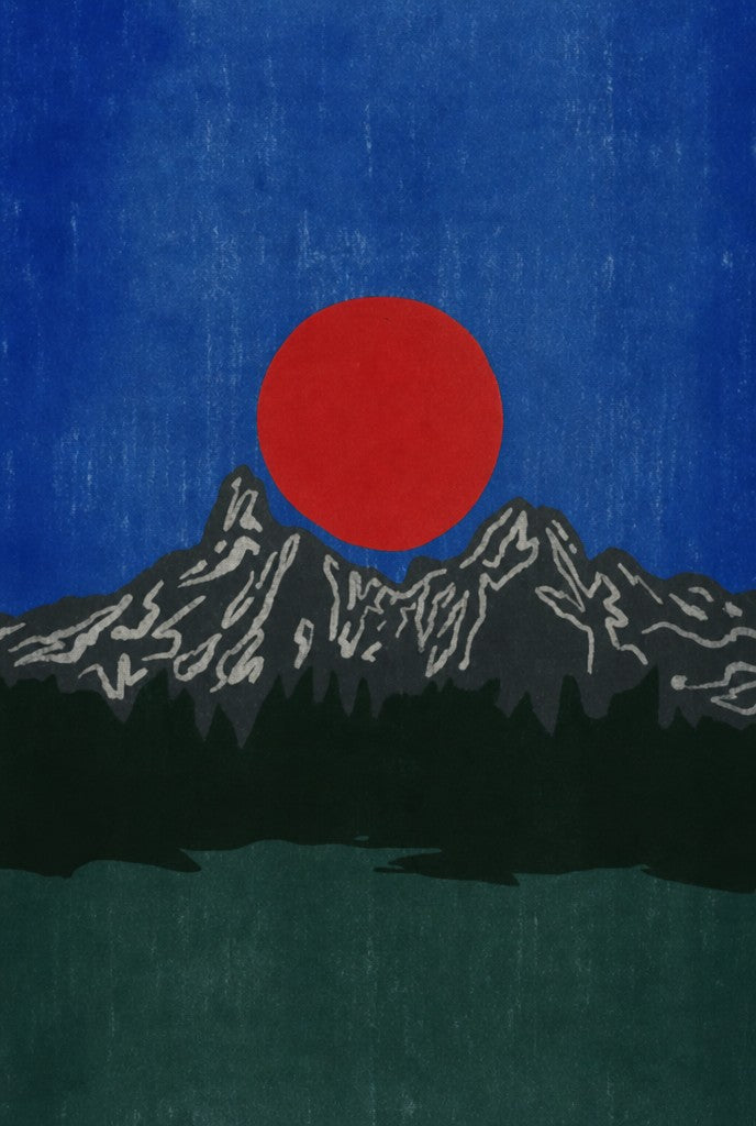 Charcoal mountains, a cherry sun, lake in midnight green. Abstract art print by Drunk Dame.