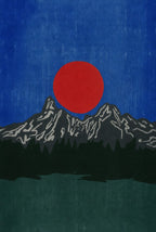 Charcoal mountains, a cherry sun, lake in midnight green. Abstract art print by Drunk Dame.