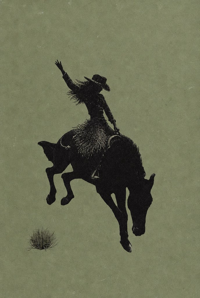 Femme bronc rider in a fringe skirt, silhouette on sage. Femme art print by Drunk Dame.