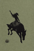 Femme bronc rider in a fringe skirt, silhouette on sage. Femme art print by Drunk Dame.