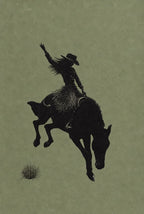 Femme bronc rider in a fringe skirt, silhouette on sage. Femme art print by Drunk Dame.