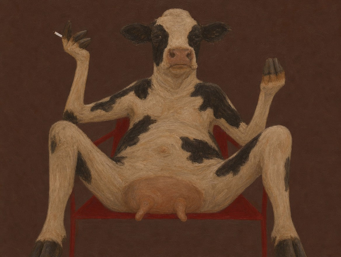Silver-haired, smoking, in the red chair, in her underwear. Painterly illustration print by Drunk Dame.