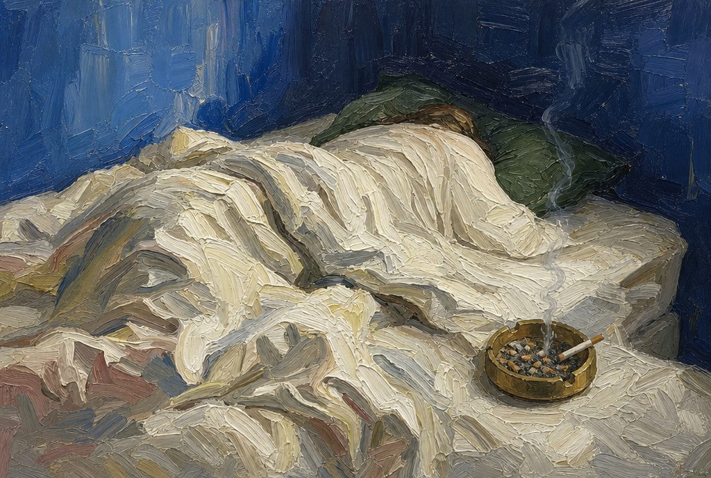 Sheet-covered figure, overflowing ashtray on the duvet, cobalt wall. Painterly figure art print by Drunk Dame.