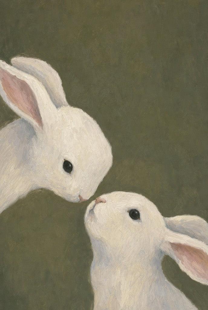 Two soft white rabbits painted close. Femme art print by Drunk Dame.