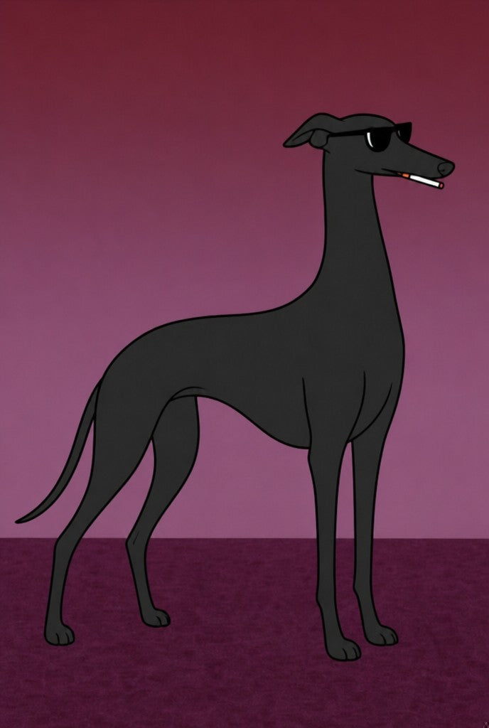 Black greyhound in Wayfarers, cigarette in mouth, plum sky behind. Animal art print by Drunk Dame.