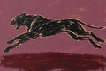 Black dachshund mid-gallop on goldenrod. Animal ink art print by Drunk Dame.