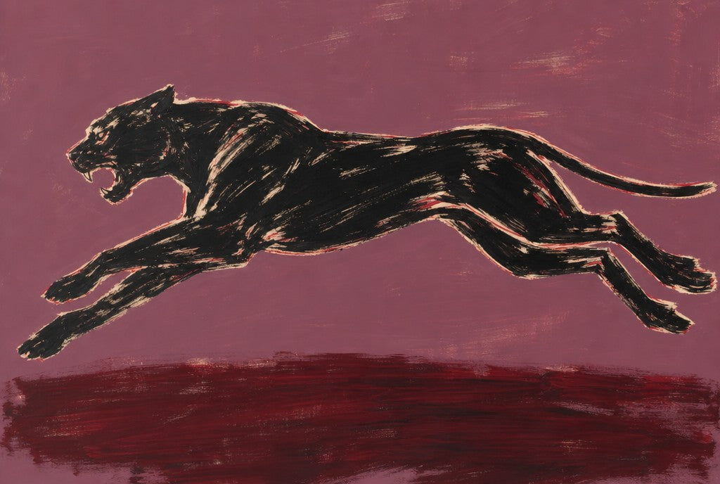 Black dachshund mid-gallop on goldenrod. Animal ink art print by Drunk Dame.