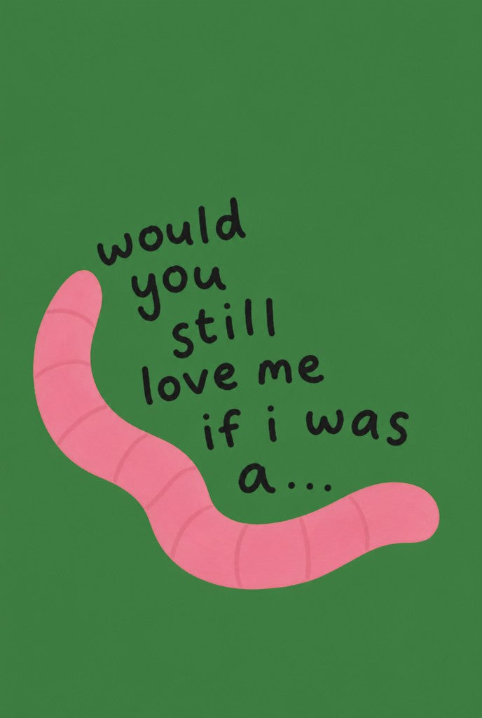 Pink chunky worm on forest green, NOKIA-style hand-lettering trailing behind. Animal art print by Drunk Dame.