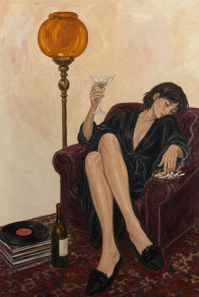 Same chair, plum velvet now, martini and ashtray within reach. Portrait art print by Drunk Dame.