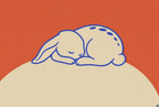 Bunny asleep on a cream boulder, persimmon orange behind. Animal art print by Drunk Dame.