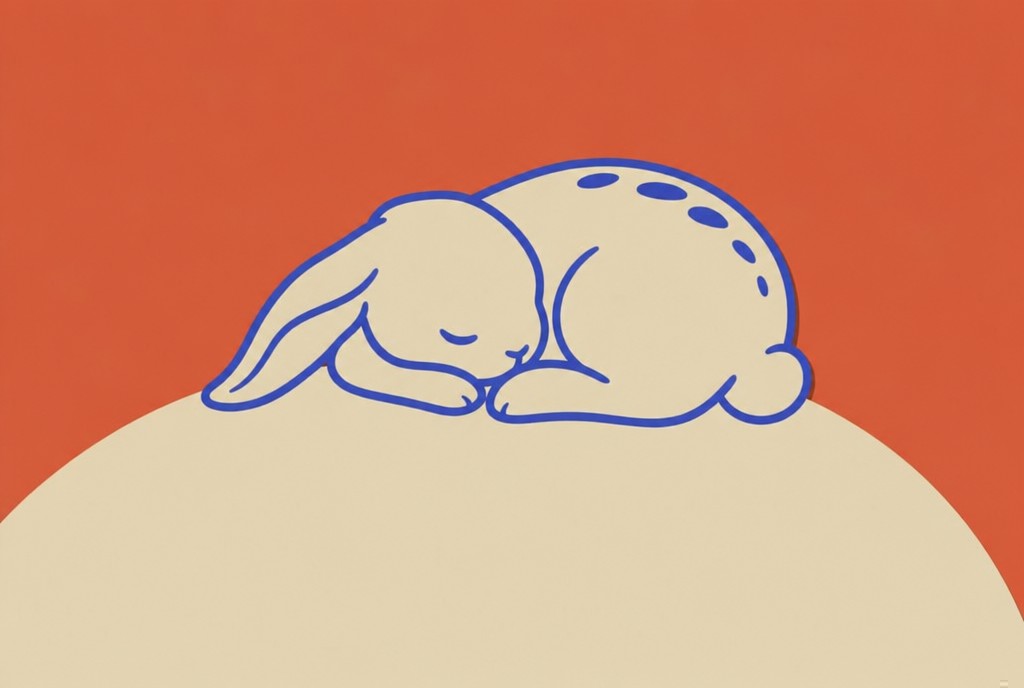 Bunny asleep on a cream boulder, persimmon orange behind. Animal art print by Drunk Dame.