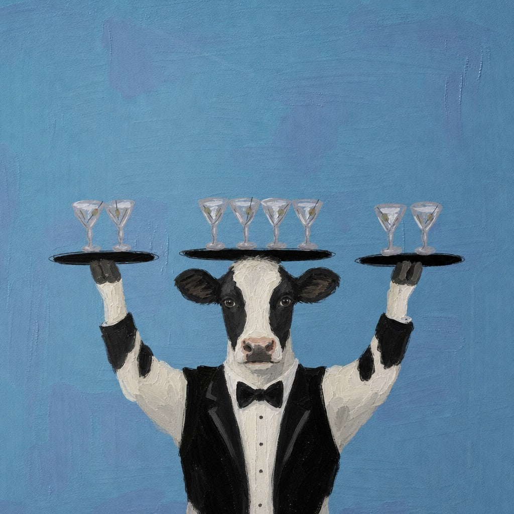 Waiter with two trays of martinis overhead. Painterly illustration print by Drunk Dame.